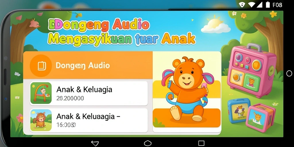 Tampilan antarmuka FO8 yang ramah anak dengan berbagai pilihan cerita.
