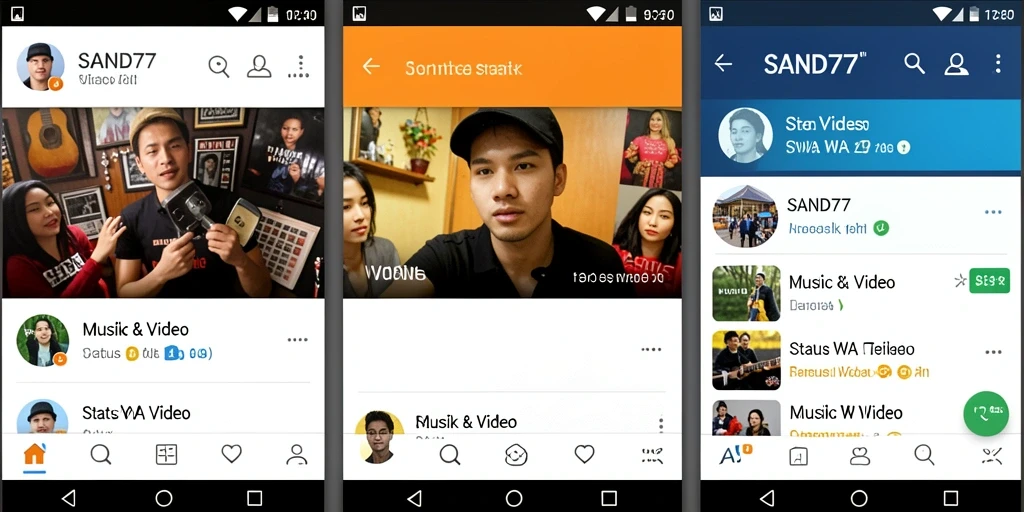 Antarmuka aplikasi SAND77 dengan berbagai pilihan video Status WA.